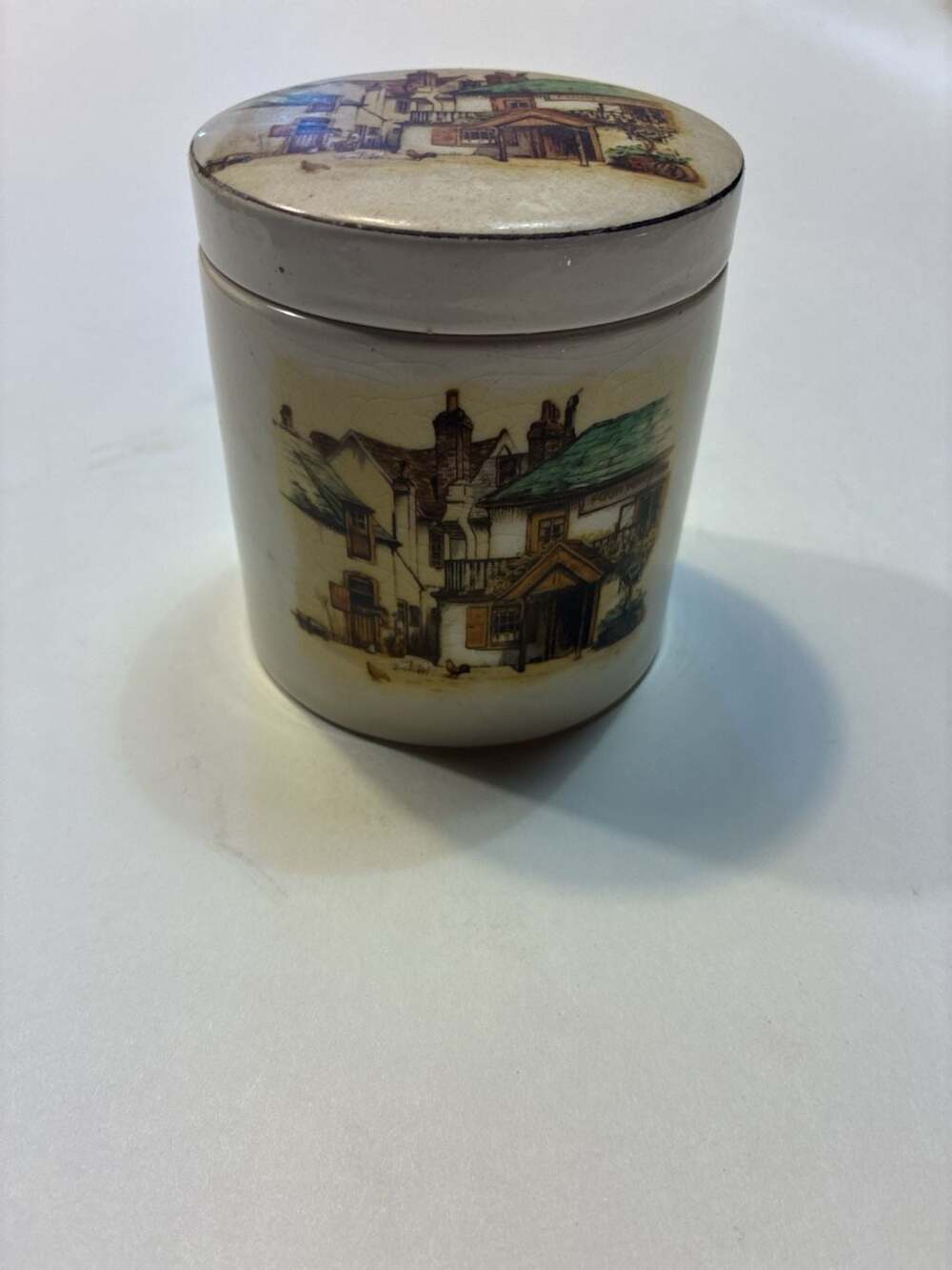 Vintage Sandland Ware Four Ways Inn Ceramic Lidded Jar